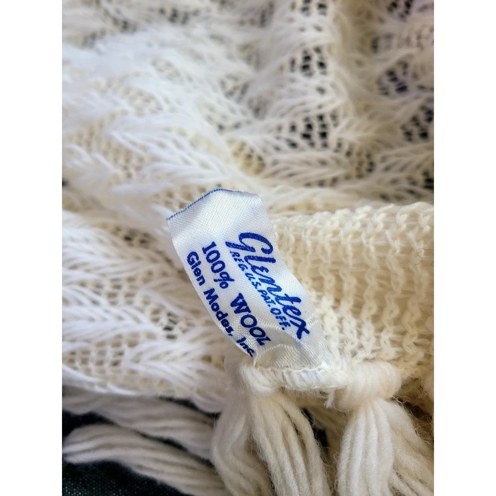 Vintage 60s 70s Glentex Wool Scarf Large Knit Fringe White Ivory Unique Chevron‎